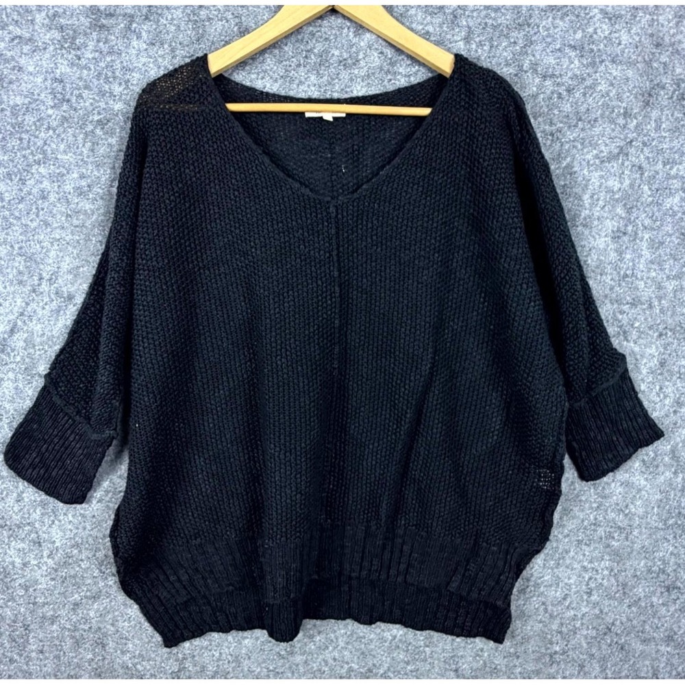 La Miel Sweater Womens M/L Black Chunky Knit V-Neck Pullover 3/4 Sleeve Outdoor